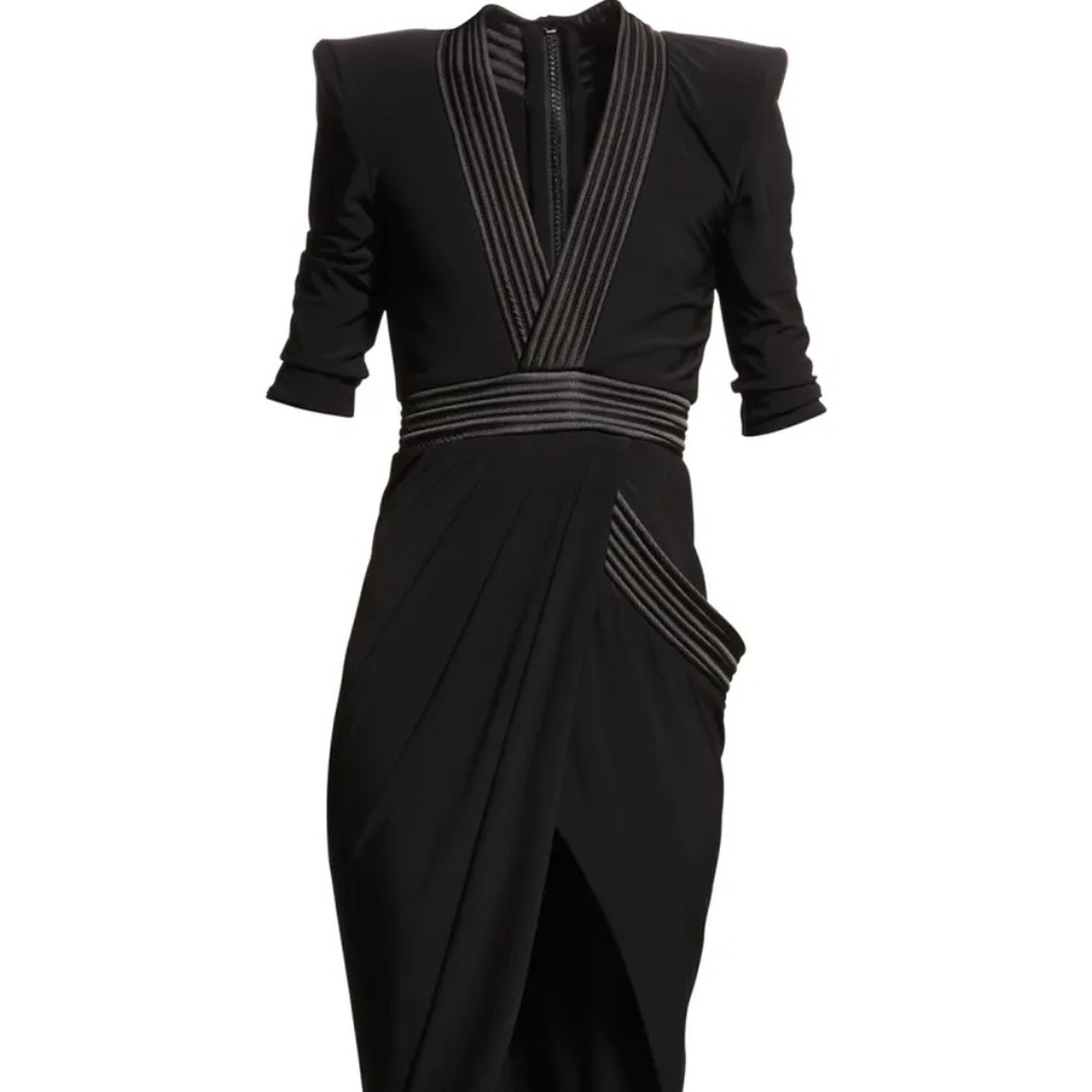 ZHIVAGO Black Eye of Horus Plunge Medium Midi Dress 3/4 sleeve (great condition)